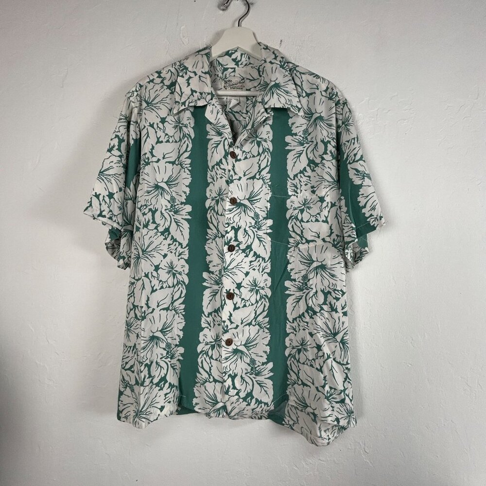 Diamond Head Mens Button Up Short Sleeve Hawaiian Shirt Large Green/White USA